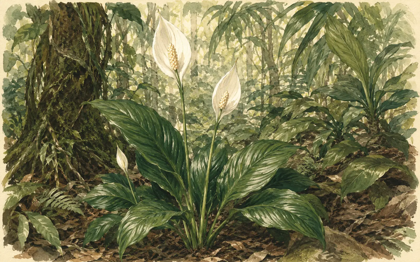 Peace lily in filtered outdoor shade, the safest patio condition for summer.