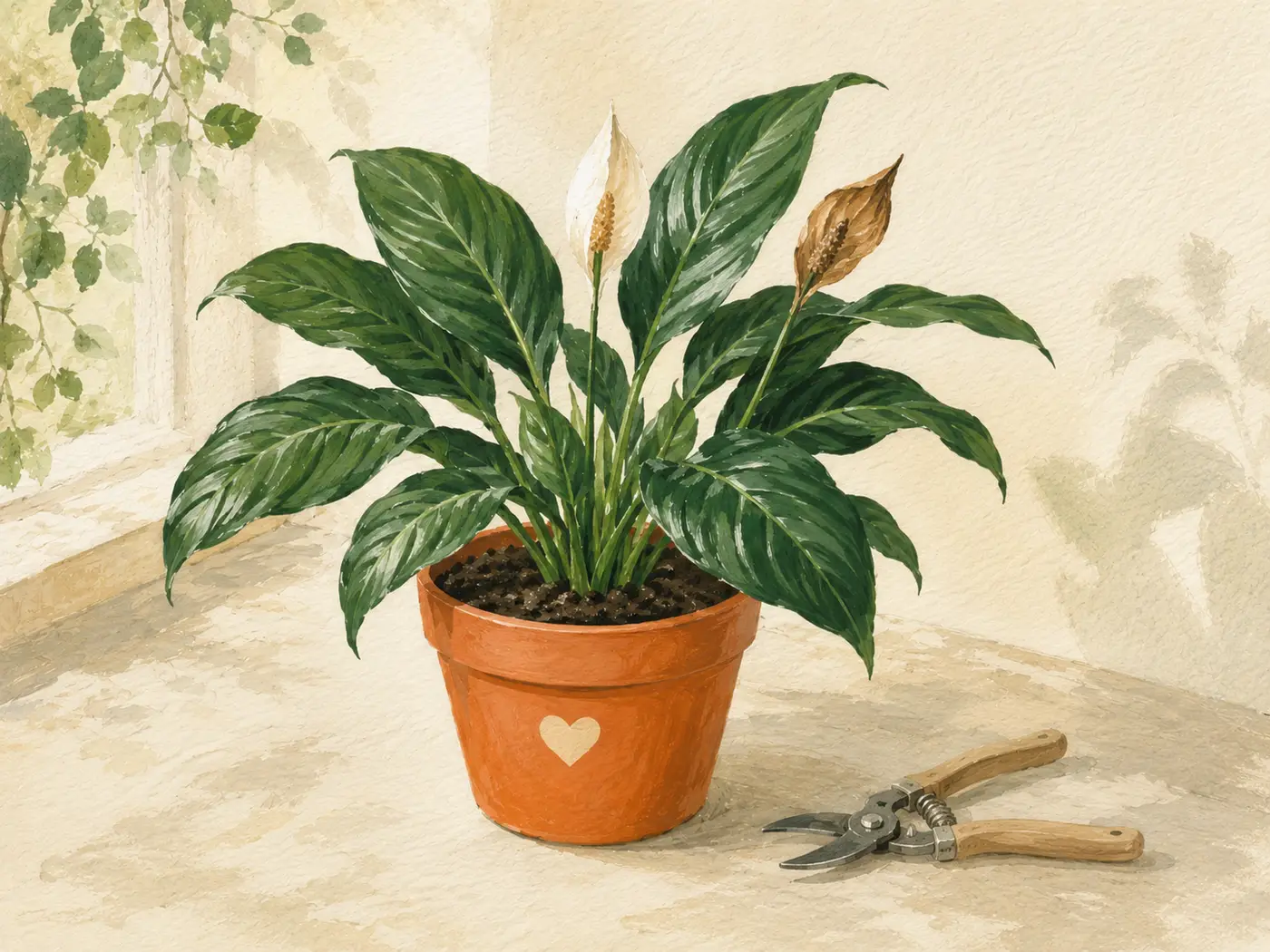 Peace lily flower turning brown and ready to be removed at the base.