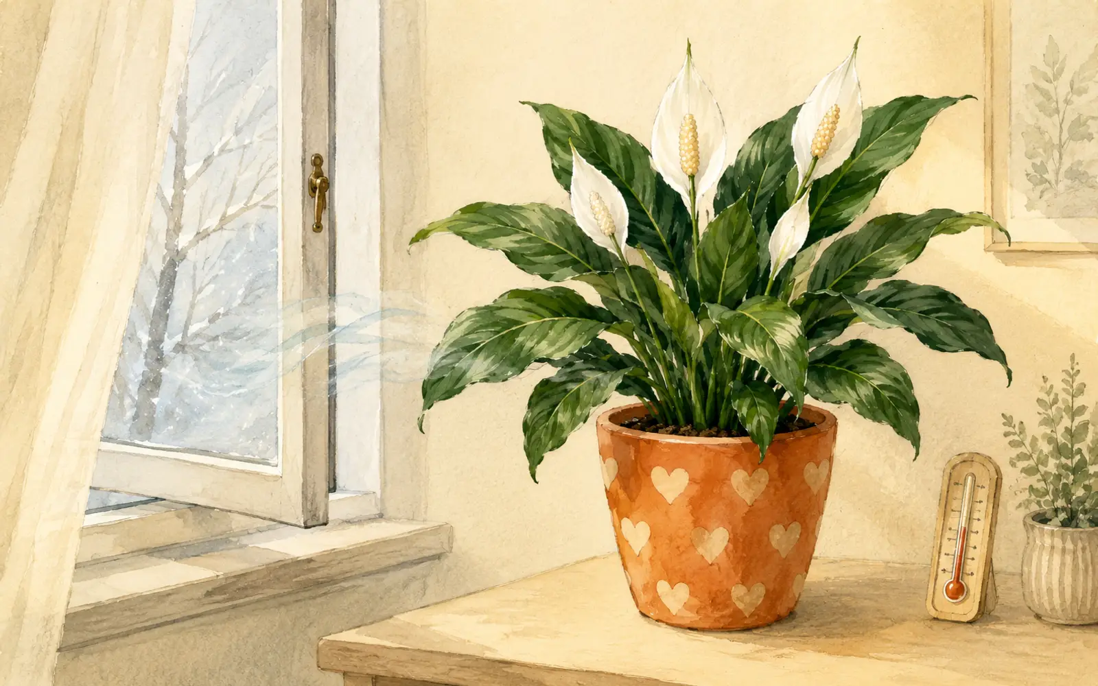 Peace lily near a cold window showing why winter draft protection matters.