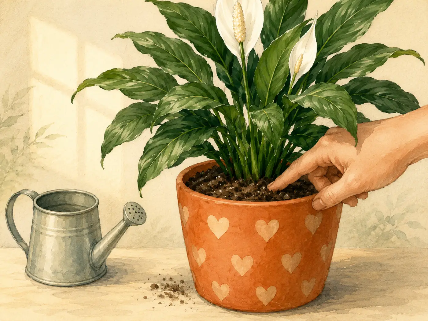 Finger checking peace lily soil before watering.