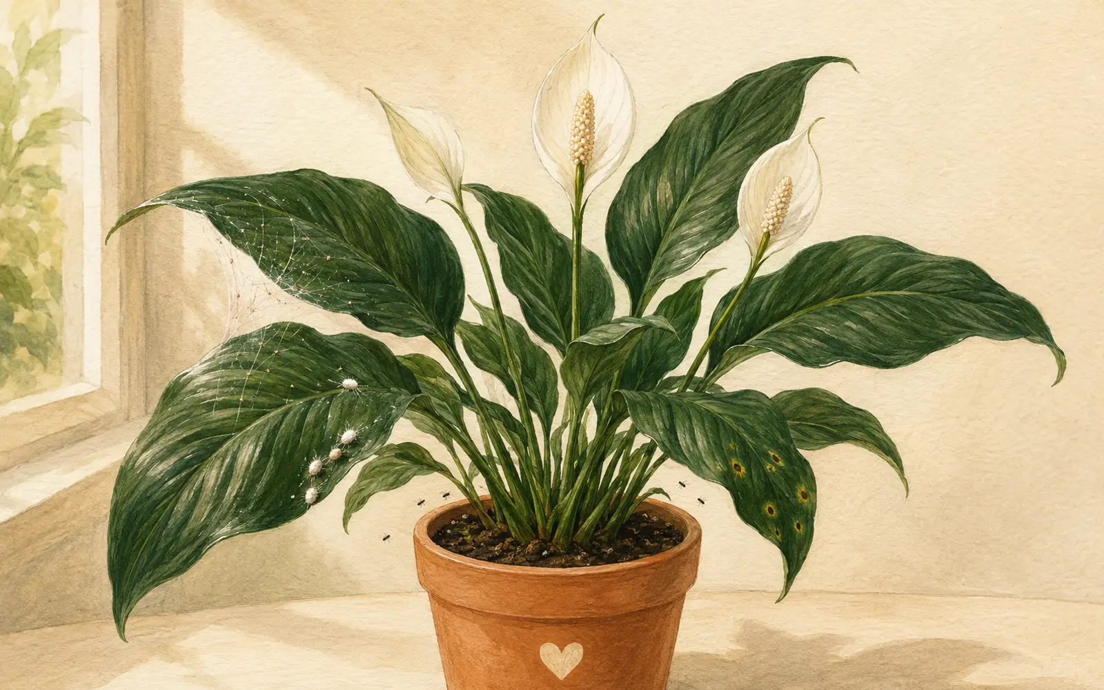 Peace lily with common pest and disease clues for inspection and cleanup.