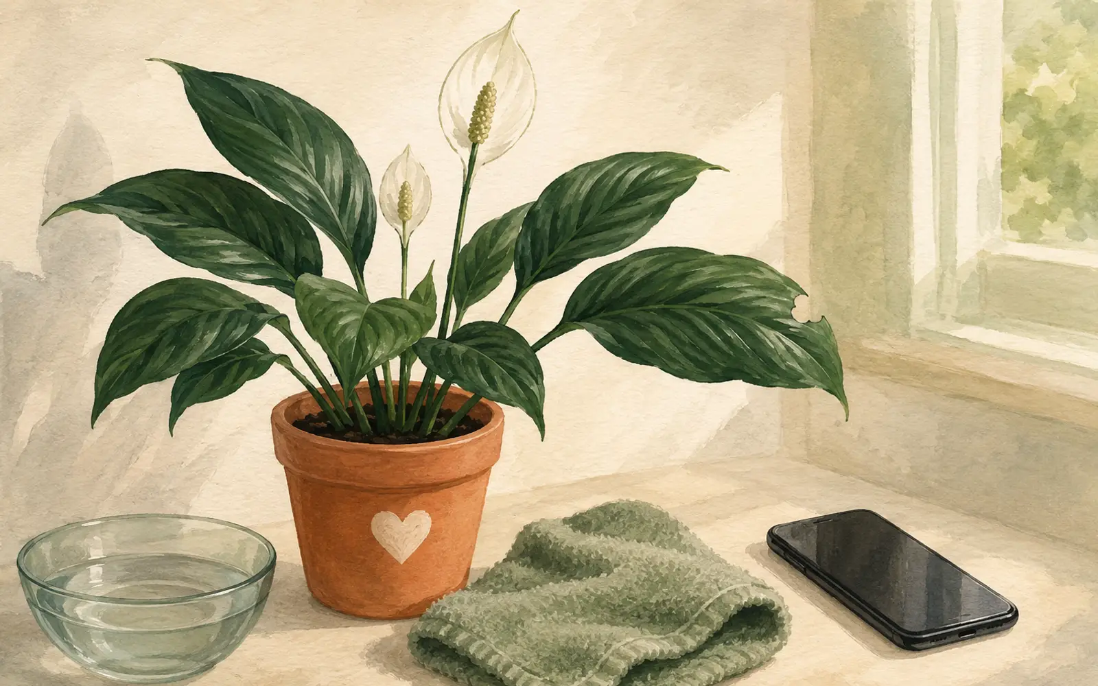 Peace lily safety setup showing the plant kept away from children and pets.